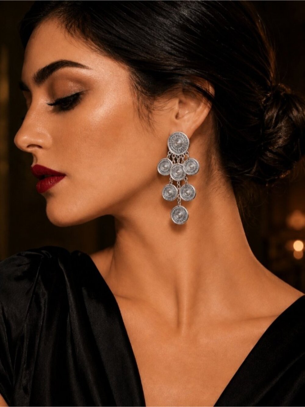 Silver Boho Medallion Drop Earrings